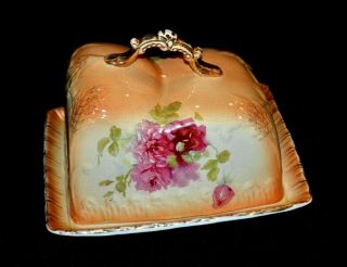 Antique Large Covered Cheese Dish With Ornate Handle & Floral Motif Gold