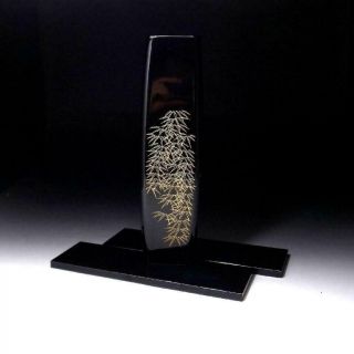 Cd4: Japanese Wooden Vase,  Wajima Lacquer Ware,  Gold Makie,  With Wooden Stand
