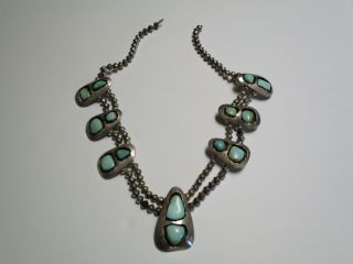 VINTAGE PAWN INDIAN NAVAJO STERLING SILVER TURQUOISE SQUASH BLOSSOM NECKLACE 2