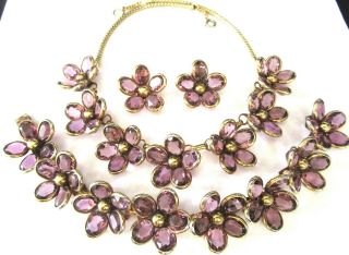 Trifari Poured Glass Lavender Flower Vintage Necklace Bracelet Earring Set