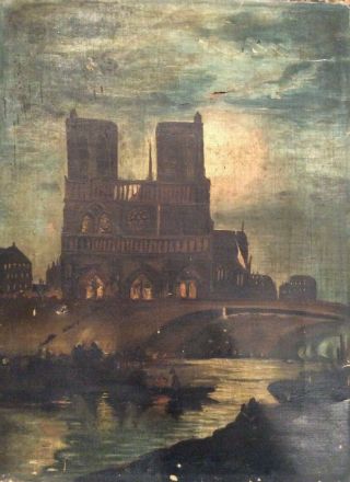 Antique Oil On Canvas Painting Of Notre Dame Cathedral Signed F.  D.