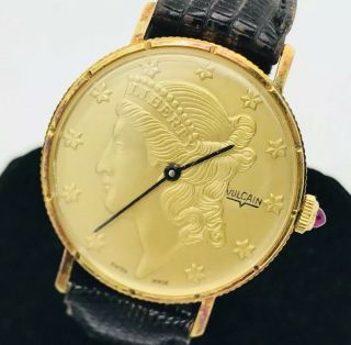 Vintage Swiss Vulcain 33mm Mechanical Watch Liberty Face Coin Gold Tone W/ Ruby
