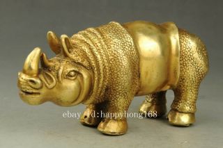 A pair Chinese old pure copper hand - carved rhinoceros Rhino statue e02 4