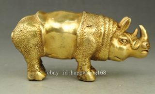 A pair Chinese old pure copper hand - carved rhinoceros Rhino statue e02 5