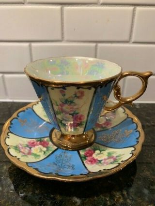 Royal Sealy China Japan Blue W/ Roses Teacup And Saucer With Gold Trim