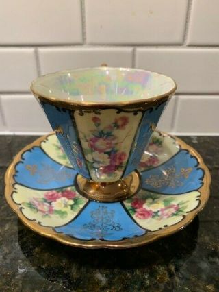 Royal Sealy China Japan Blue w/ Roses Teacup And Saucer with Gold Trim 3