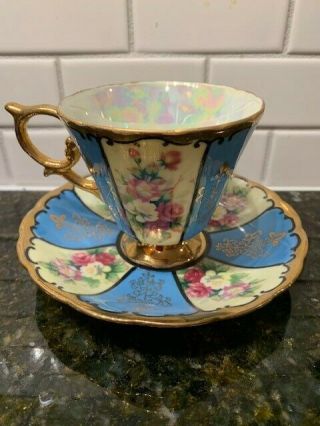 Royal Sealy China Japan Blue w/ Roses Teacup And Saucer with Gold Trim 4