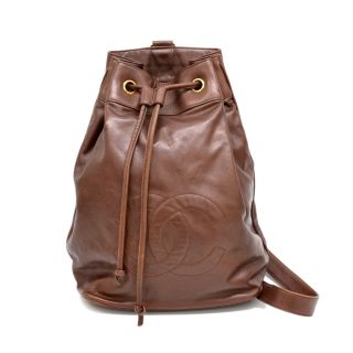 Authentic Chanel Coco Lamb Leather One Shoulder Drawstring Bag Brown Vintage Cc