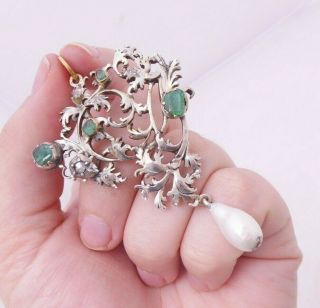 Silver Emerald Rose Cut Diamond Pearl Pendant,  Georgian