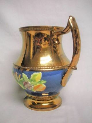 1880’s Copper Luster PITCHER Jug FACE SPOUT Blue Flower Band Large Antique Old 4