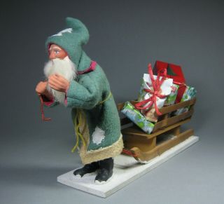 Antique Papermache Santa Green With Wooden Sled Christmas Made In Germany 1940