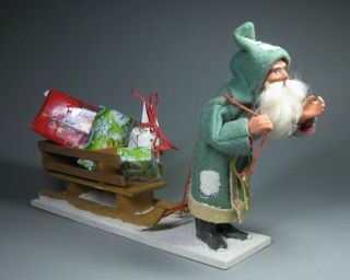 ANTIQUE PAPERMACHE SANTA GREEN WITH WOODEN SLED CHRISTMAS MADE IN GERMANY 1940 2