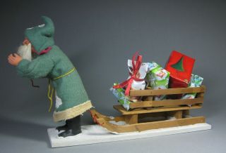 ANTIQUE PAPERMACHE SANTA GREEN WITH WOODEN SLED CHRISTMAS MADE IN GERMANY 1940 3