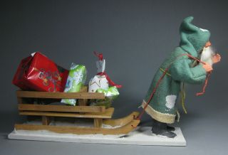 ANTIQUE PAPERMACHE SANTA GREEN WITH WOODEN SLED CHRISTMAS MADE IN GERMANY 1940 4