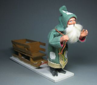 ANTIQUE PAPERMACHE SANTA GREEN WITH WOODEN SLED CHRISTMAS MADE IN GERMANY 1940 5