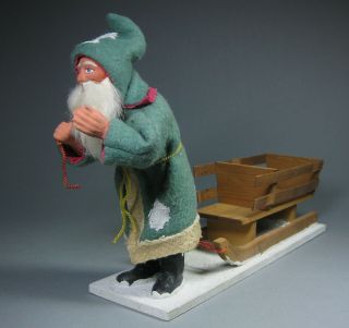 ANTIQUE PAPERMACHE SANTA GREEN WITH WOODEN SLED CHRISTMAS MADE IN GERMANY 1940 6