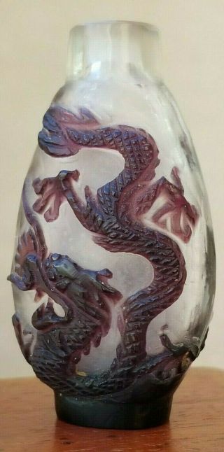 Antique Chinese Snuff Bottle Peking Glass Amethyst Dragon,  19th/20th Century.