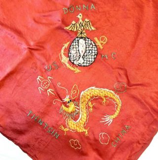 1930s U.  S.  Marines Souvenir Red Silk Scarf,  Tientsin,  China,  Chinese