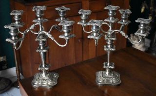 Antique English Sheffield Silver Plate Ornate Baroque Five Arm Candelabra Pair