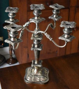 ANTIQUE ENGLISH SHEFFIELD SILVER PLATE ORNATE BAROQUE FIVE ARM CANDELABRA PAIR 2