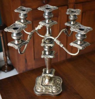 ANTIQUE ENGLISH SHEFFIELD SILVER PLATE ORNATE BAROQUE FIVE ARM CANDELABRA PAIR 3