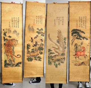 Chinese Vintage Style Paper Mural.  Scroll Frescoes Tigers Crane Eagle And Horse