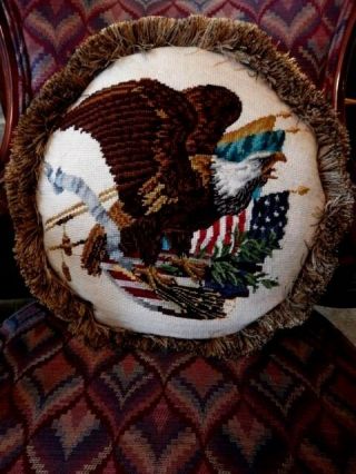 Round Feather Pillow Made With Vintage 1940s American Eagle Needlepoint