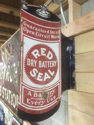 Vintage Rare Red Seal Dry Battery 1920s Double Sided Porcelain Flanged Sign.