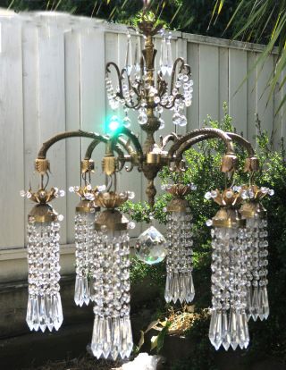 1 Vintage Chandelier French Brass Bronze Fountain Waterfall Crystal Lamp Unique