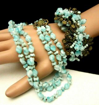 Rare Vintage Miriam Haskell Blue Glass Bead 16 " Necklace & Coil Bracelet Set A56