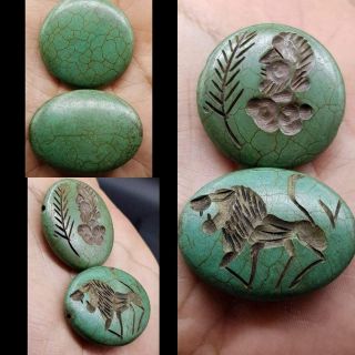 Persian Turquoise Old Lovely 2 Face & Wild Lion Intaglio Beads 49