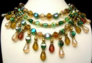 Huge Vintage Signed Alice Caviness Amber Green Glass Crystal Dangle Necklace A44