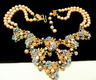Rare Vintage Signed By Robert Faux Pearl Rhinestone Dangle Bib Necklace