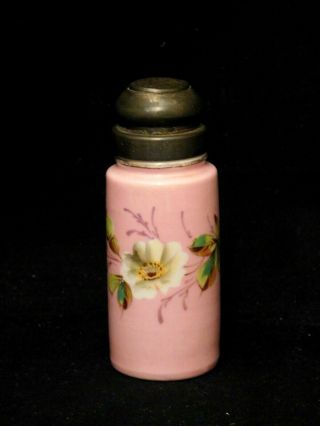 Antique Vintage Pink On White Milk Glass Shaker Hand Painted Flowers Orig Top