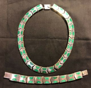 291 Grams Vintage Taxco Malachite Modernist Necklace And Bracelet Sterling 925