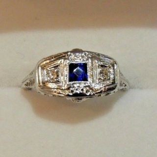 Antique 14k White Gold Filigree With Diamonds & Sapphire Ring Size 7.  75