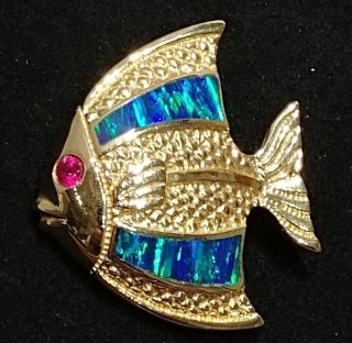 Vintage 14k Yellow Gold Omega Floater Angel Fish W/black Opals & Ruby Pendant