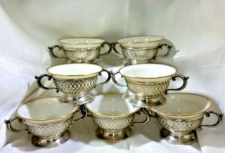 Frank Whiting Sterling Silver Bouillon Soup Cup Holder Lenox Insert Set Of 7