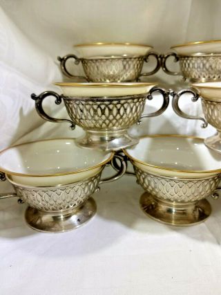 Frank Whiting Sterling Silver Bouillon Soup Cup holder Lenox insert set of 7 2