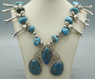 Vtg Navajo Sterling Silver & Turquoise Squash Blossom Necklace 362