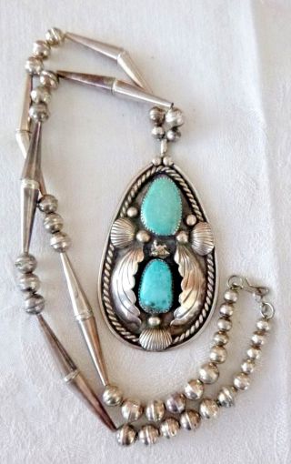 Huge Vintage Navajo Pendant Necklace 2 Turquoise Cabs Sterling Silver Signed L J