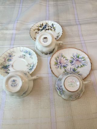 3 Vintage Floral Tea Cups & Saucers Bone China.  Royal Albert & Stafford,  Blue Jay