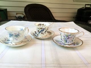 3 Vintage Floral Tea Cups & Saucers Bone China.  Royal Albert & Stafford,  BLUE JAY 2