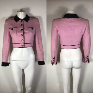 Rare Vtg Chanel 90s Pink Black Logo Button Crop Jacket Xs Ss1995