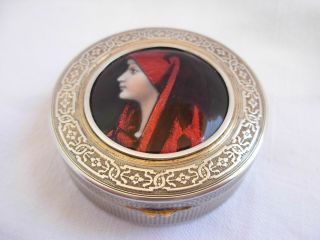 Antique French Sterling Silver,  Enamel Plaque Pill Box,  Early 20th Century,