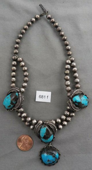 Vintage Navajo Sterling And Turquoise Choker Hollow Bead Necklace