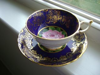 Vintage Paragon Footed Cup & Saucer Pink Cabbage Rose Cobalt Blue Background