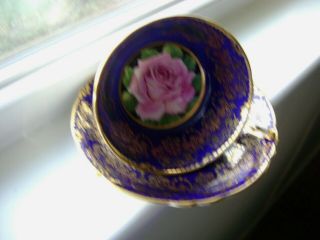 Vintage Paragon Footed Cup & Saucer Pink Cabbage Rose Cobalt Blue Background 2