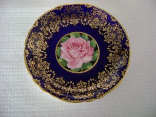 Vintage Paragon Footed Cup & Saucer Pink Cabbage Rose Cobalt Blue Background 6
