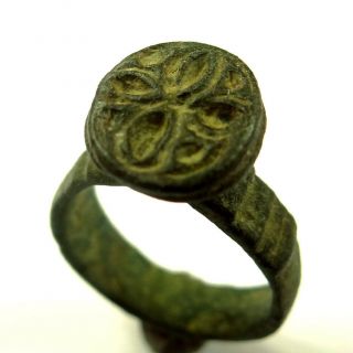 Ancient Artifact Byzantine Bronze Ring Seal With Cross